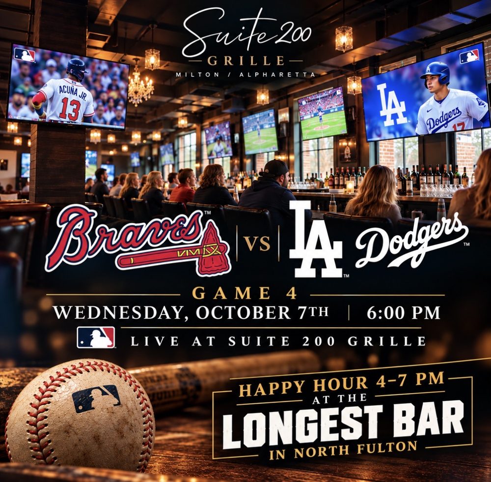 Braves vs Dodgers Game 4 - Wednesday October 7 - 6:00 PM - Live at Suite 200 Grille - Happy Hour 4-7 PM at the Longest Bar in North Fulton